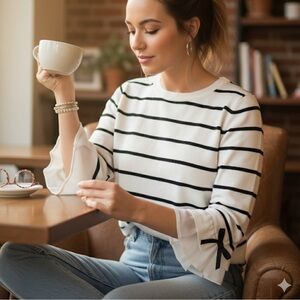 Preppy Carrier White Striped Blouse with Ruffle Sleeves Parisian Vibe size M